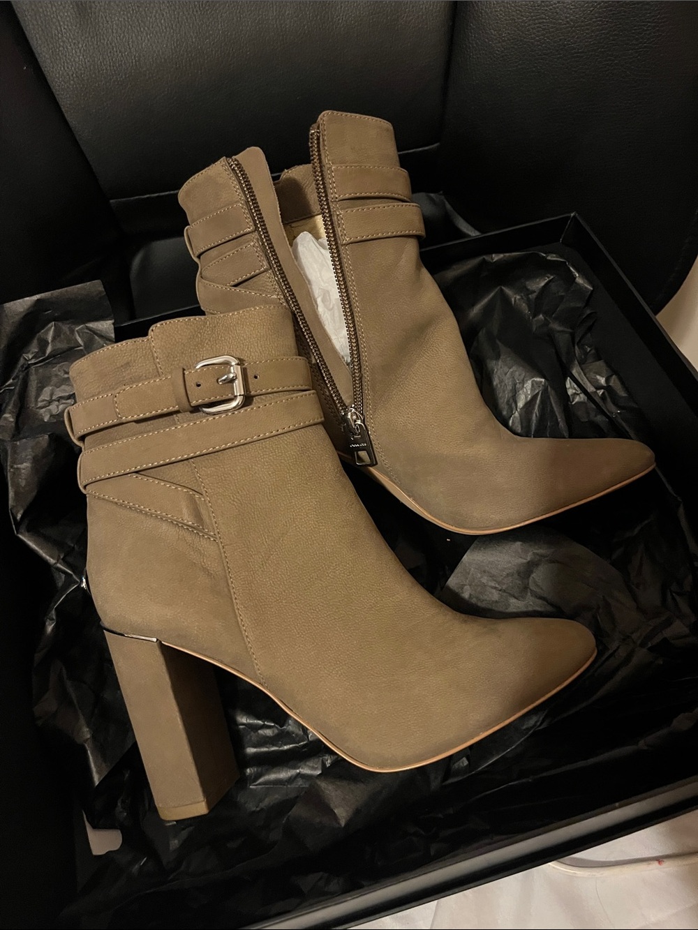 Coach Taupe Suede Ankle Booties with Buckle Strap 3.25 in. heel